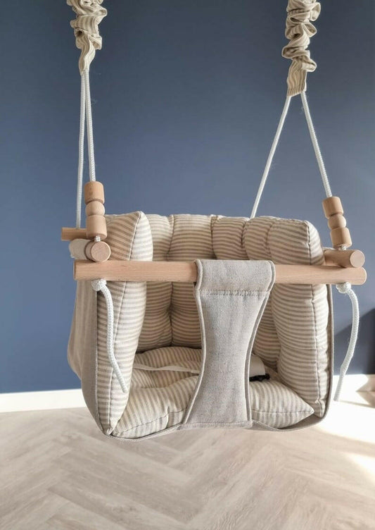 Premium Babyschaukel aus Leinen, Natur, Streifen.