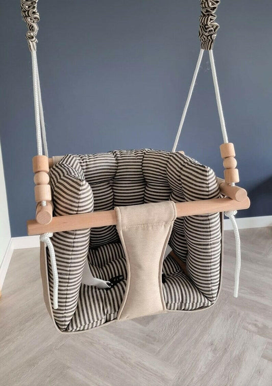 Premium Babyschaukel aus Polyester, Wetterfest, Beige, schwarze Streifen.