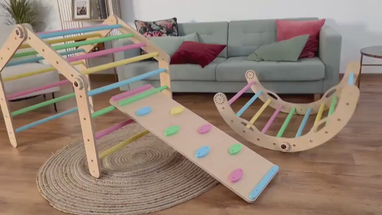 Kletterdreieck Set Maxi, Kletterbogen, Rutsche, Pikler Dreieck, Wandelbar.