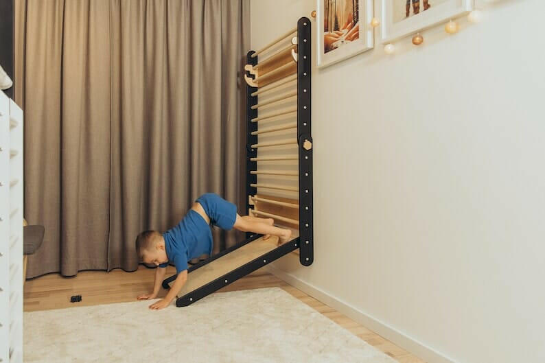 Sprossenwand & Kletterdreieck mit Rutsche, Pikler Dreieck Duck Woodworks Kletterdreieck Wand Set + Klimmzugstange + Rutsche Schwarz