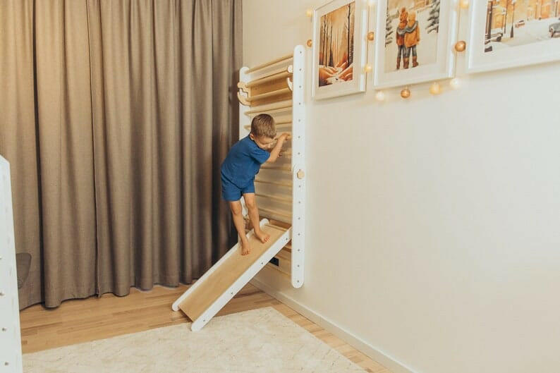 Sprossenwand & Kletterdreieck mit Rutsche, Pikler Dreieck Duck Woodworks Kletterdreieck Wand Set + Klimmzugstange + Rutsche Weiß