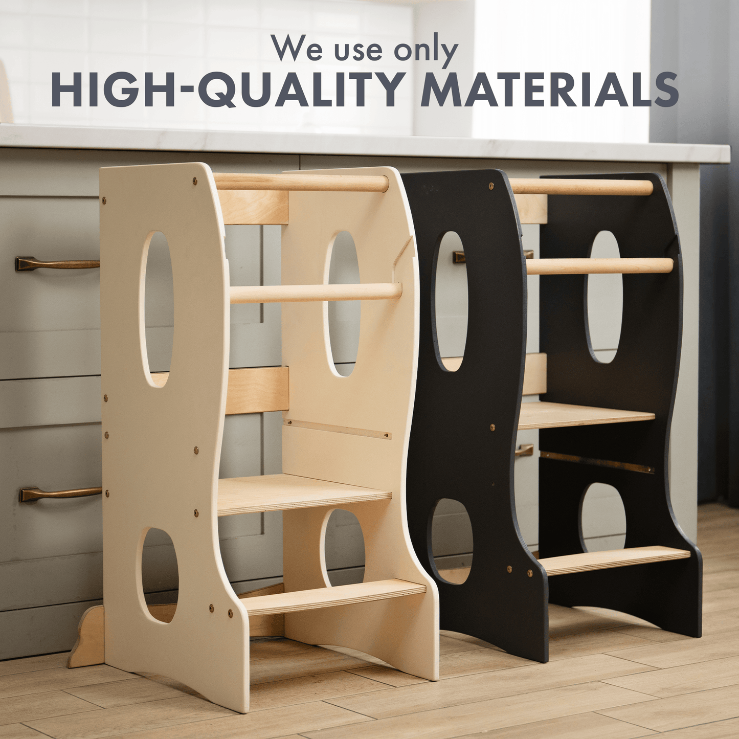 Stabiler Montessori Lernturm: Mitwachsender Kinderstuhl aus Holz – Elfenbein - BesonderesHoch2