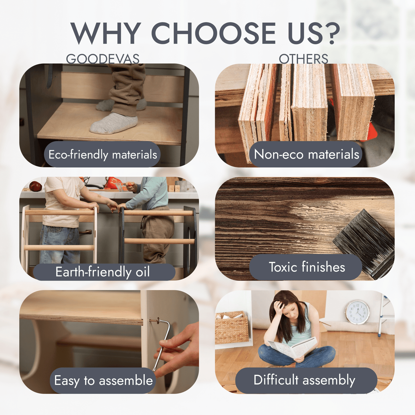 Stabiler Montessori Lernturm: Mitwachsender Kinderstuhl aus Holz – Grau - BesonderesHoch2