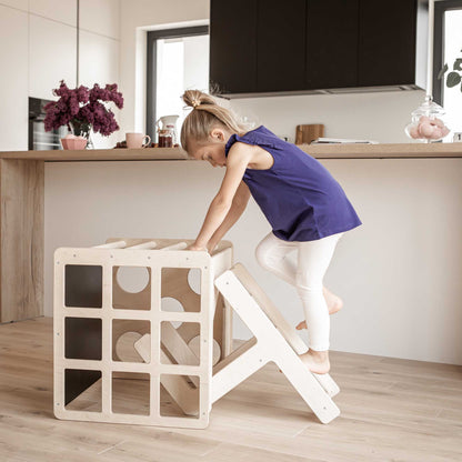 2-in-1 Montessori Tisch und Aktivitätswürfel aus Holz mit Stuhl für Kinder