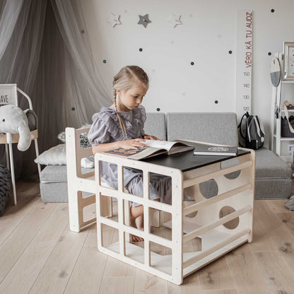 2-in-1 Montessori Tisch und Aktivitätswürfel aus Holz mit Stuhl für Kinder