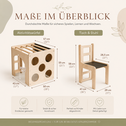 2-in-1 Montessori Tisch und Aktivitätswürfel aus Holz mit Stuhl für Kinder