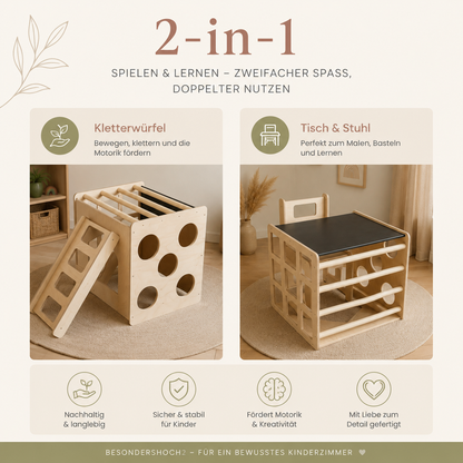 2-in-1 Montessori Tisch und Aktivitätswürfel aus Holz mit Stuhl für Kinder