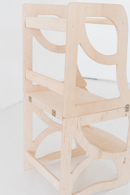 4-in-1 Lernturm NEST aus Holz als Montessori Kitchen Helper mit Tisch und Stuhl