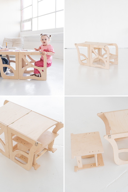 4-in-1 Lernturm NEST aus Holz als Montessori Kitchen Helper mit Tisch und Stuhl