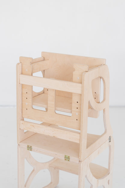 4-in-1 Lernturm NEST aus Holz als Montessori Kitchen Helper mit Tisch und Stuhl