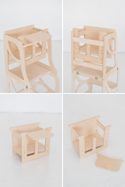 4-in-1 Lernturm NEST aus Holz als Montessori Kitchen Helper mit Tisch und Stuhl