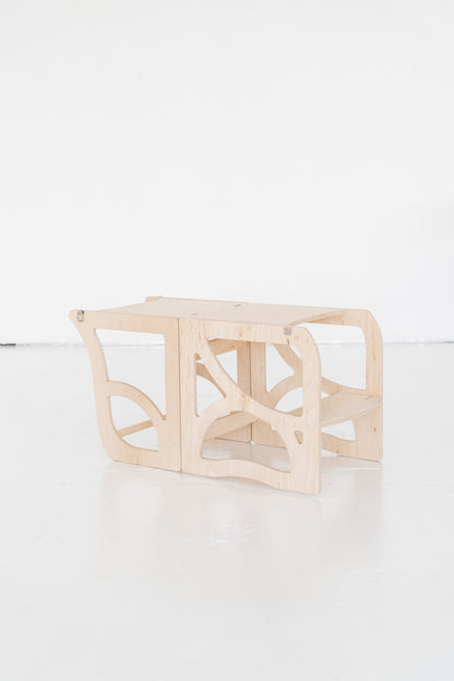 4-in-1 Lernturm NEST aus Holz als Montessori Kitchen Helper mit Tisch und Stuhl