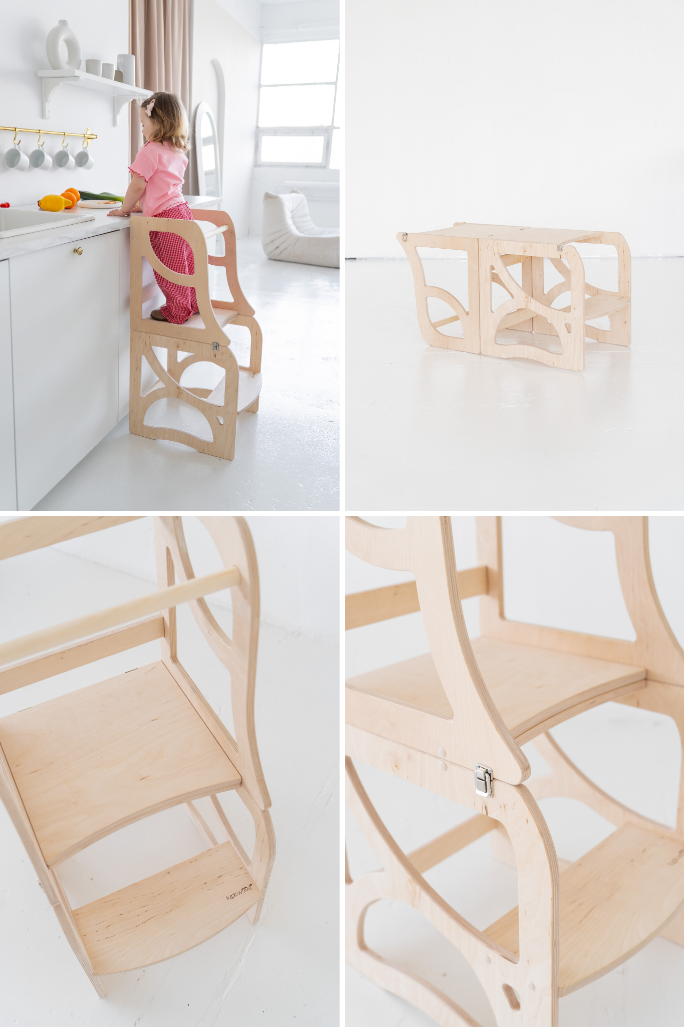 4-in-1 Lernturm NEST aus Holz als Montessori Kitchen Helper mit Tisch und Stuhl