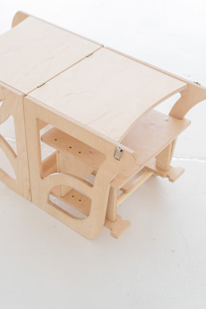 4-in-1 Lernturm NEST aus Holz als Montessori Kitchen Helper mit Tisch und Stuhl