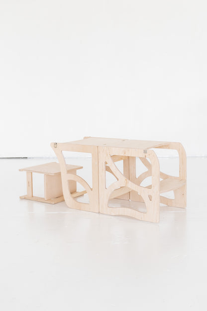 4-in-1 Lernturm NEST aus Holz als Montessori Kitchen Helper mit Tisch und Stuhl