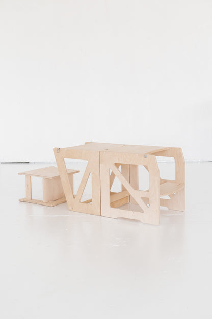 4-in-1 Lernturm NEST aus Holz als Montessori Kitchen Helper mit Tisch und Stuhl