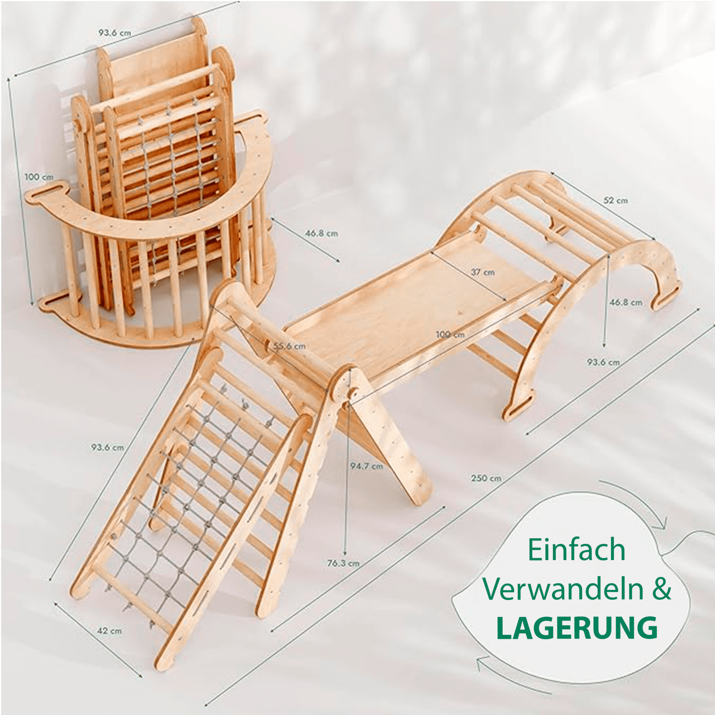 4in1 Montessori Klettergerüst Set: Kletterdreieck mit Rutsche, Kletterbogen, Kletternetz, für Kinder 1 - 7 Jahre – Beige - BesonderesHoch2