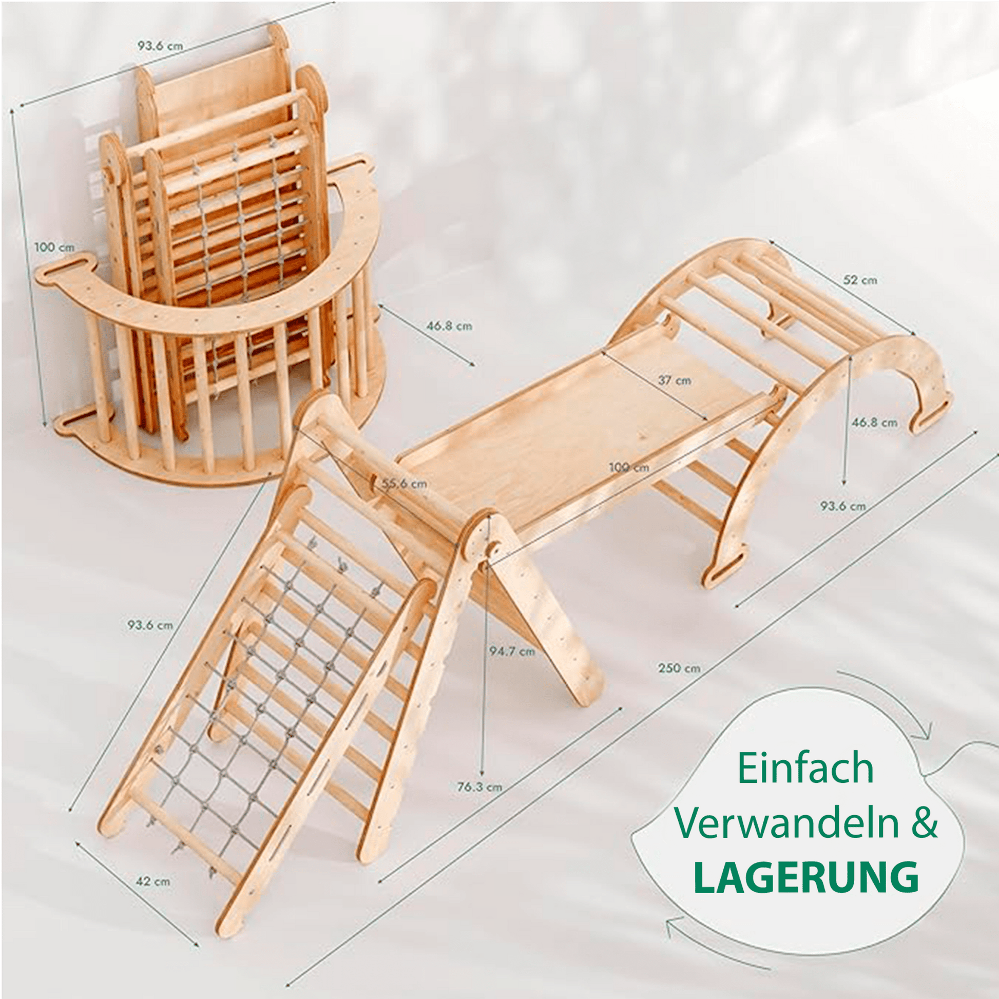 4in1 Montessori Klettergerüst Set: Kletterdreieck mit Rutsche, Kletterbogen, Kletternetz, für Kinder 1 - 7 Jahre – Beige - BesonderesHoch2