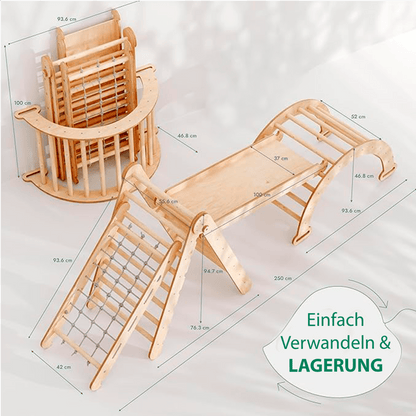 4in1 Montessori Klettergerüst Set: Kletterdreieck mit Rutsche, Kletterbogen, Kletternetz, für Kinder 1 - 7 Jahre – Beige - BesonderesHoch2