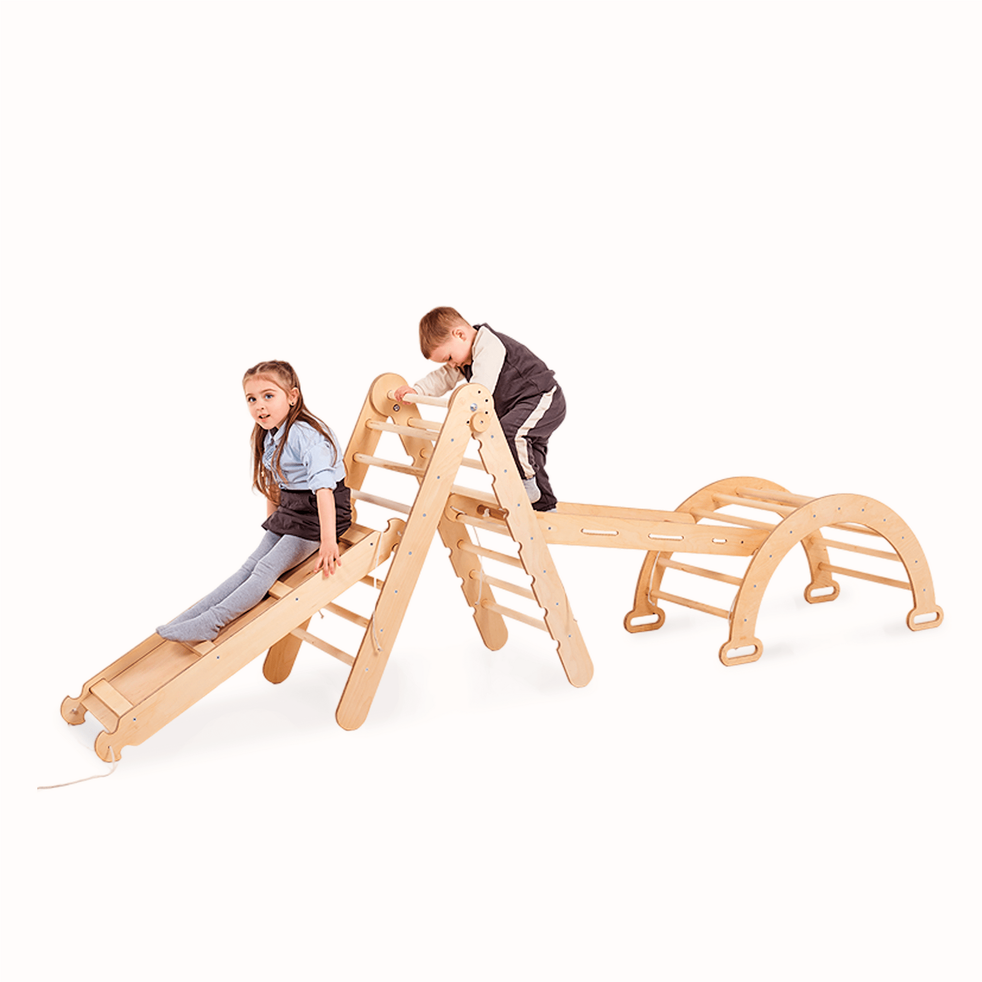 4in1 Montessori Klettergerüst Set: Kletterdreieck mit Rutsche, Kletterbogen, Kletternetz, für Kinder 1 - 7 Jahre – Beige - BesonderesHoch2