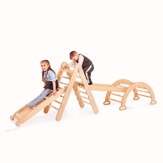 4in1 Montessori Klettergerüst Set: Kletterdreieck mit Rutsche, Kletterbogen, Kletternetz, für Kinder 1 - 7 Jahre – Beige - BesonderesHoch2