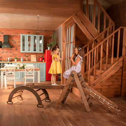 4in1 Montessori Klettergerüst Set: Kletterdreieck mit Rutsche, Kletterbogen, Kletternetz, für Kinder 1 - 7 Jahre – Beige - BesonderesHoch2