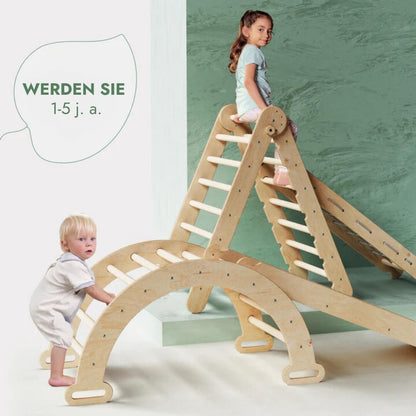 4in1 Montessori Klettergerüst Set: Kletterdreieck mit Rutsche, Kletterbogen, Kletternetz, für Kinder 1 - 7 Jahre – Beige - BesonderesHoch2