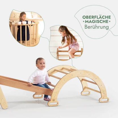 4in1 Montessori Klettergerüst Set: Kletterdreieck mit Rutsche, Kletterbogen, Kletternetz, für Kinder 1 - 7 Jahre – Beige - BesonderesHoch2
