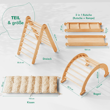 4in1 Montessori Klettergerüst Set: Kletterdreieck mit Rutsche, Kletterbogen mit Kissen, für Kinder 1 - 7 Jahre – Beige - BesonderesHoch2