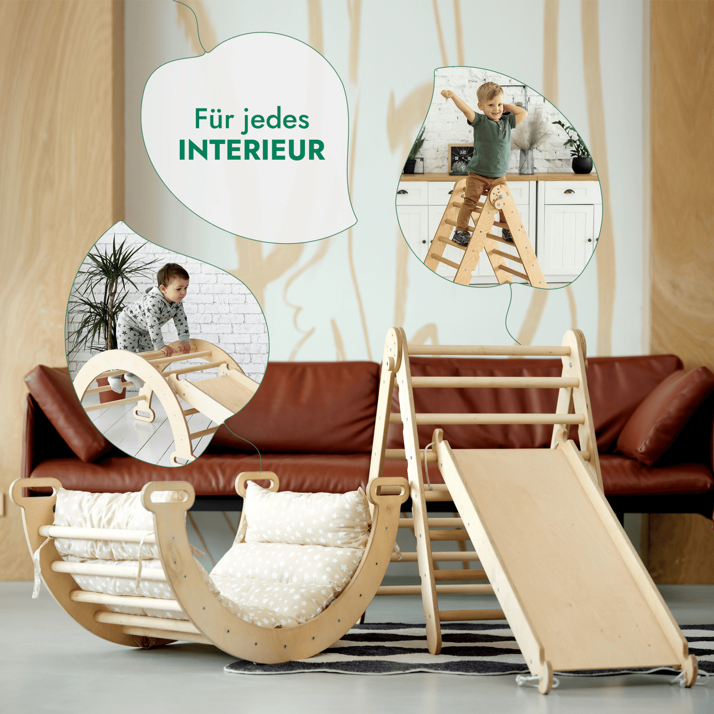 4in1 Montessori Klettergerüst Set: Kletterdreieck mit Rutsche, Kletterbogen mit Kissen, für Kinder 1 - 7 Jahre – Beige - BesonderesHoch2