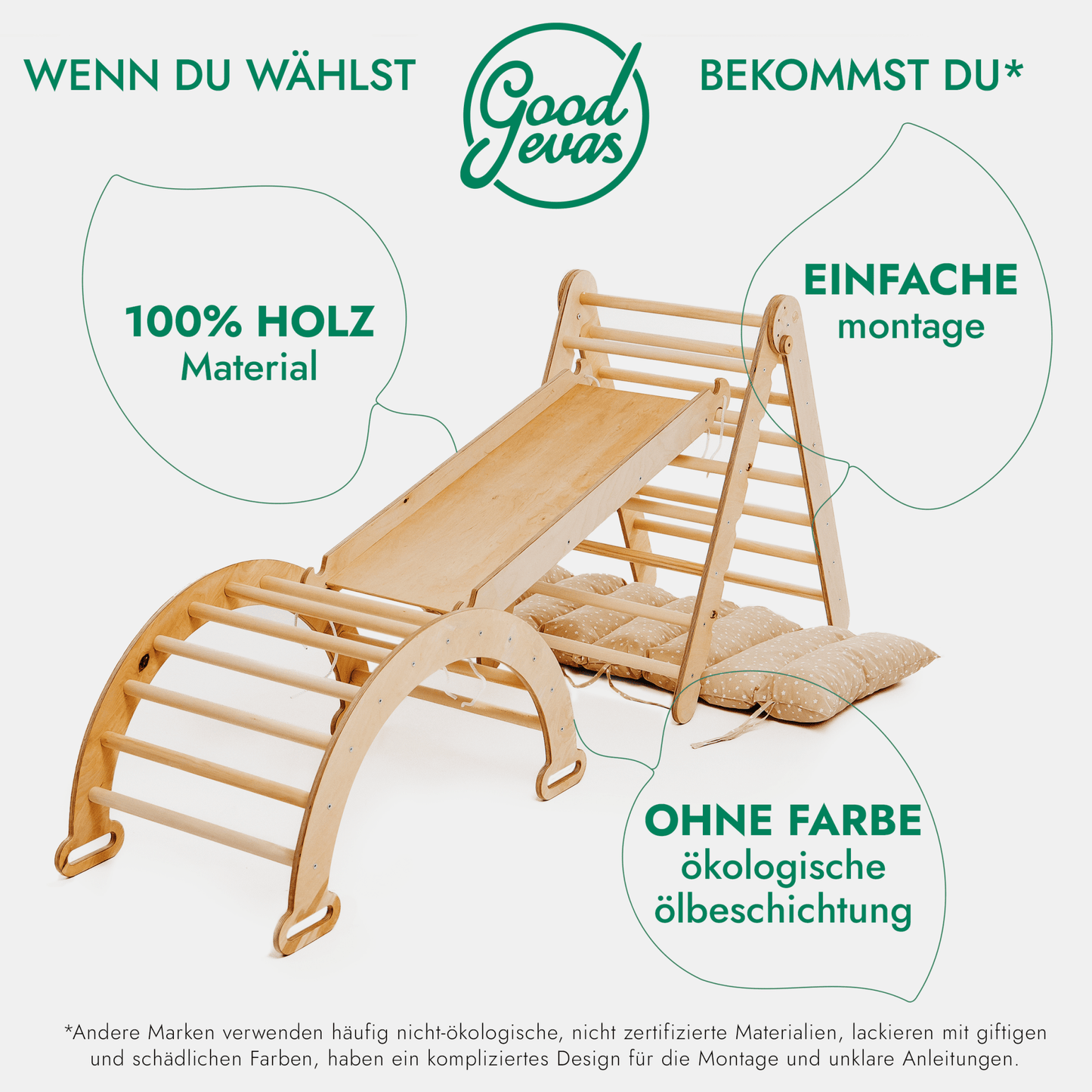 4in1 Montessori Klettergerüst Set: Kletterdreieck mit Rutsche, Kletterbogen mit Kissen, für Kinder 1 - 7 Jahre – Beige - BesonderesHoch2