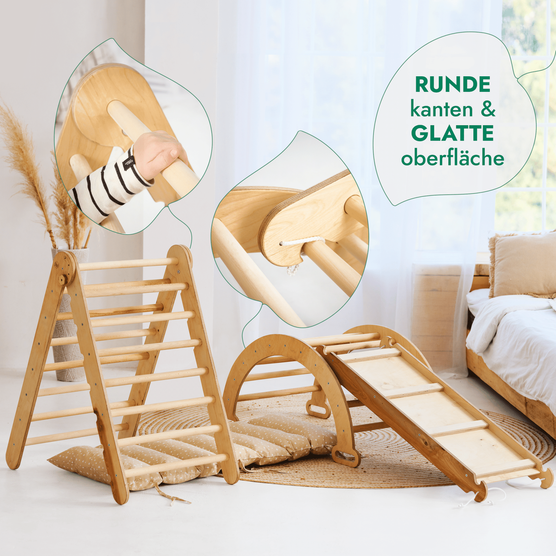 4in1 Montessori Klettergerüst Set: Kletterdreieck mit Rutsche, Kletterbogen mit Kissen, für Kinder 1 - 7 Jahre – Beige - BesonderesHoch2