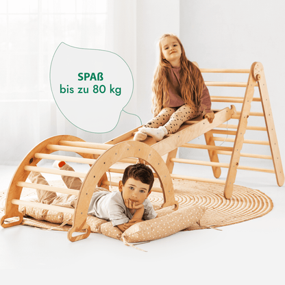 4in1 Montessori Klettergerüst Set: Kletterdreieck mit Rutsche, Kletterbogen mit Kissen, für Kinder 1 - 7 Jahre – Beige - BesonderesHoch2