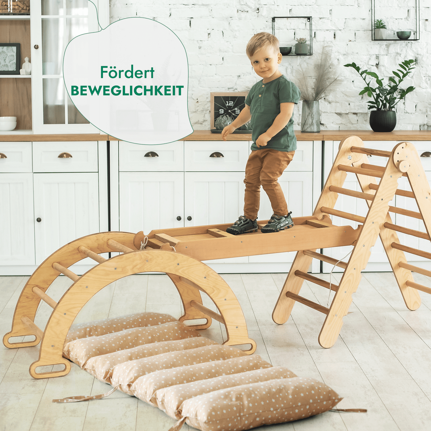 4in1 Montessori Klettergerüst Set: Kletterdreieck mit Rutsche, Kletterbogen mit Kissen, für Kinder 1 - 7 Jahre – Beige - BesonderesHoch2