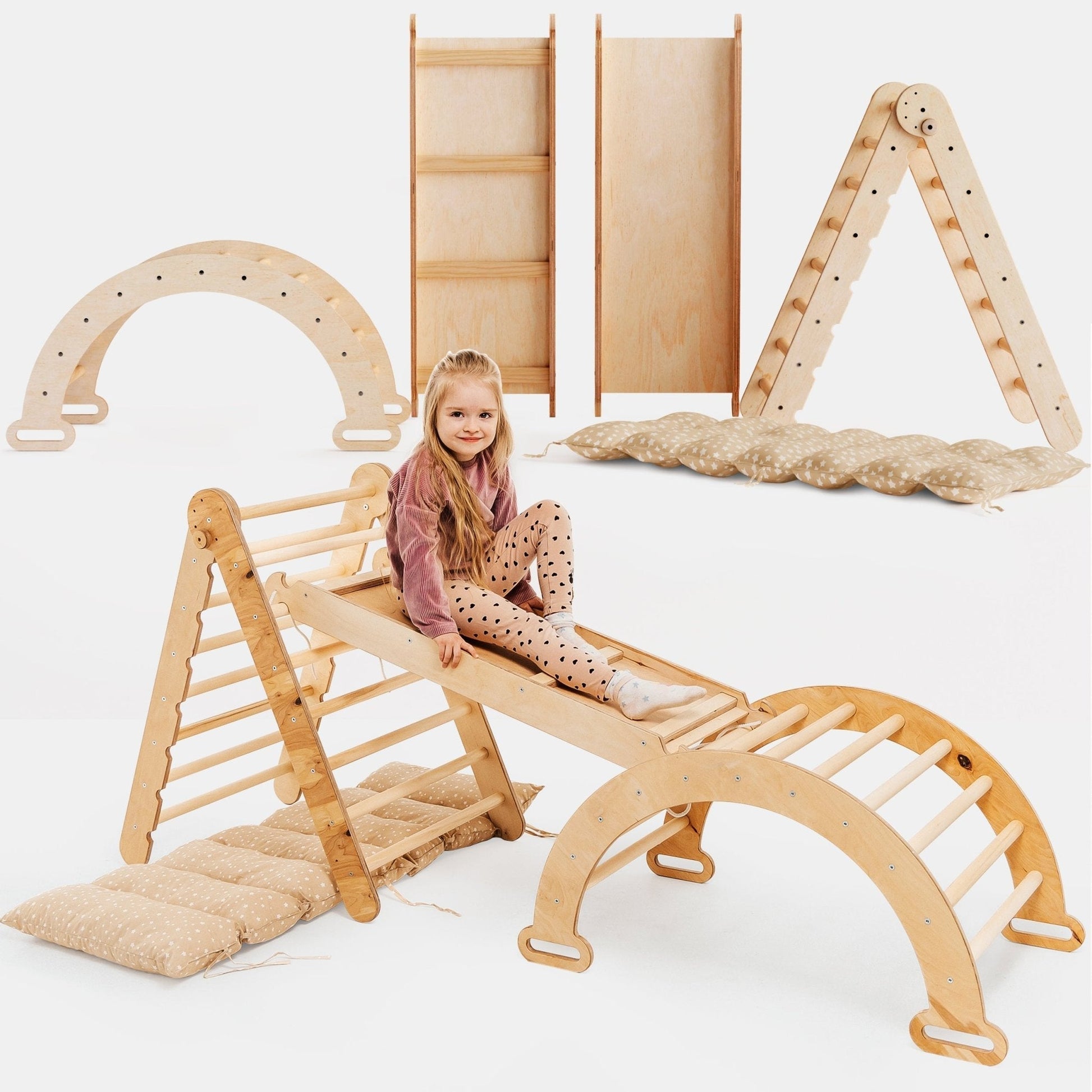 4in1 Montessori Klettergerüst Set: Kletterdreieck mit Rutsche, Kletterbogen mit Kissen, für Kinder 1 - 7 Jahre – Beige - BesonderesHoch2