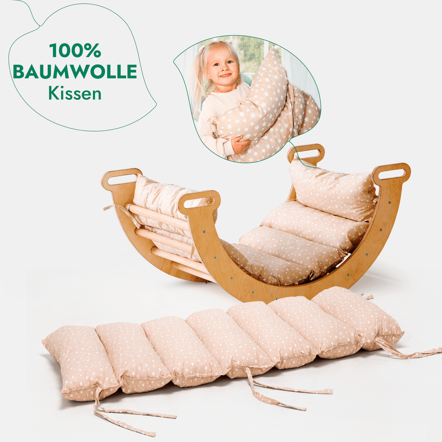 4in1 Montessori Klettergerüst Set: Kletterdreieck mit Rutsche, Kletterbogen mit Kissen, für Kinder 1 - 7 Jahre – Beige - BesonderesHoch2