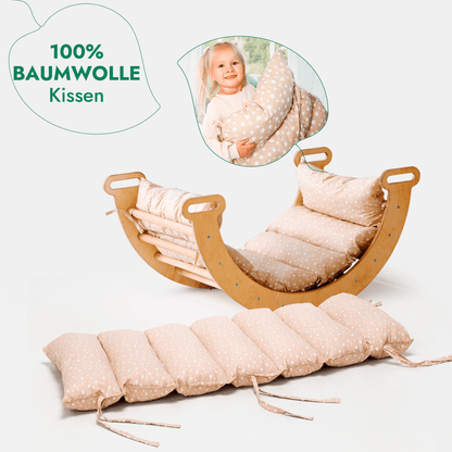 4in1 Montessori Klettergerüst Set: Kletterdreieck mit Rutsche, Kletterbogen mit Kissen, für Kinder 1 - 7 Jahre – Beige - BesonderesHoch2