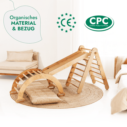 4in1 Montessori Klettergerüst Set: Kletterdreieck mit Rutsche, Kletterbogen mit Kissen, für Kinder 1 - 7 Jahre – Beige - BesonderesHoch2