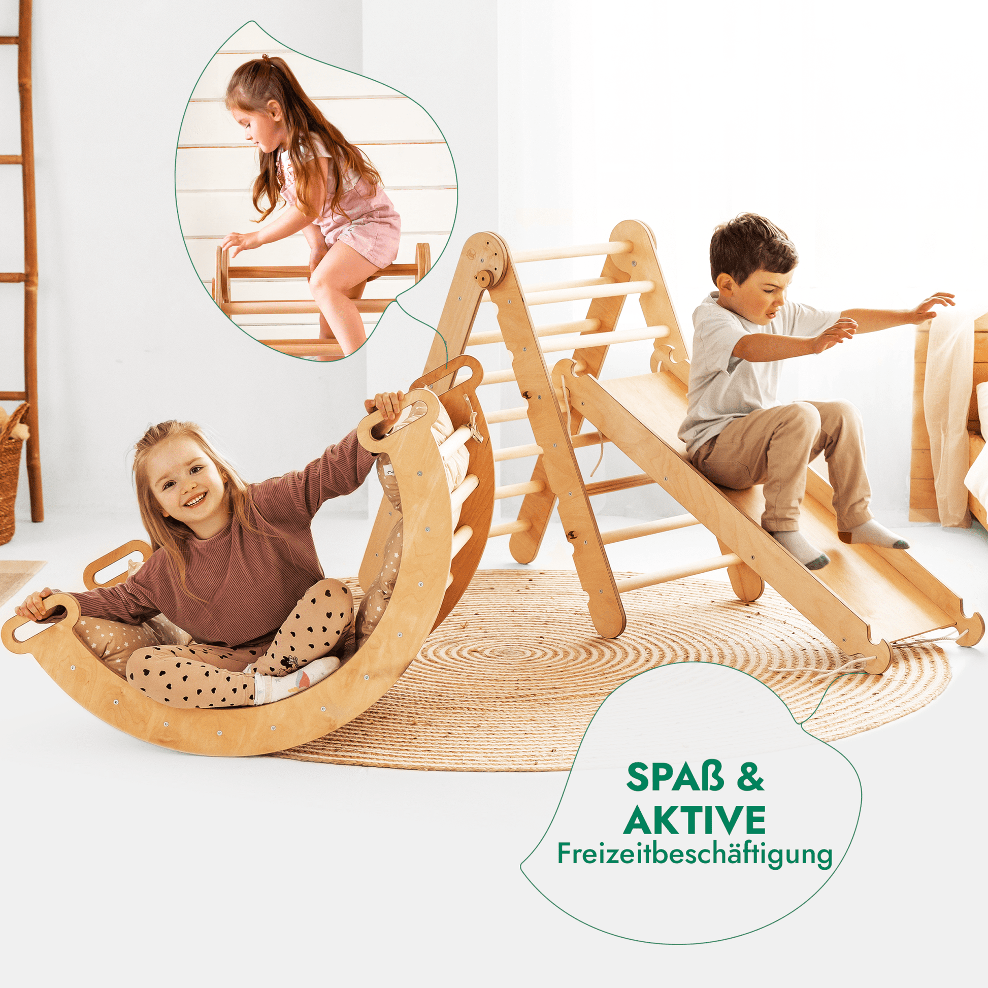 4in1 Montessori Klettergerüst Set: Kletterdreieck mit Rutsche, Kletterbogen mit Kissen, für Kinder 1 - 7 Jahre – Beige - BesonderesHoch2