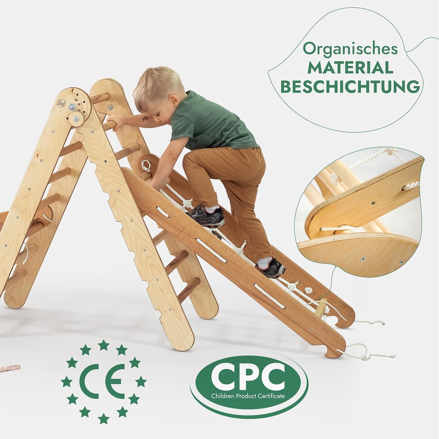 5in1 Montessori Klettergerüst Set: Kletterdreieck mit Rutsche, Kletterbogen, Kletternetz und Kissen, für Kinder 1 - 7 Jahre – Beige - BesonderesHoch2