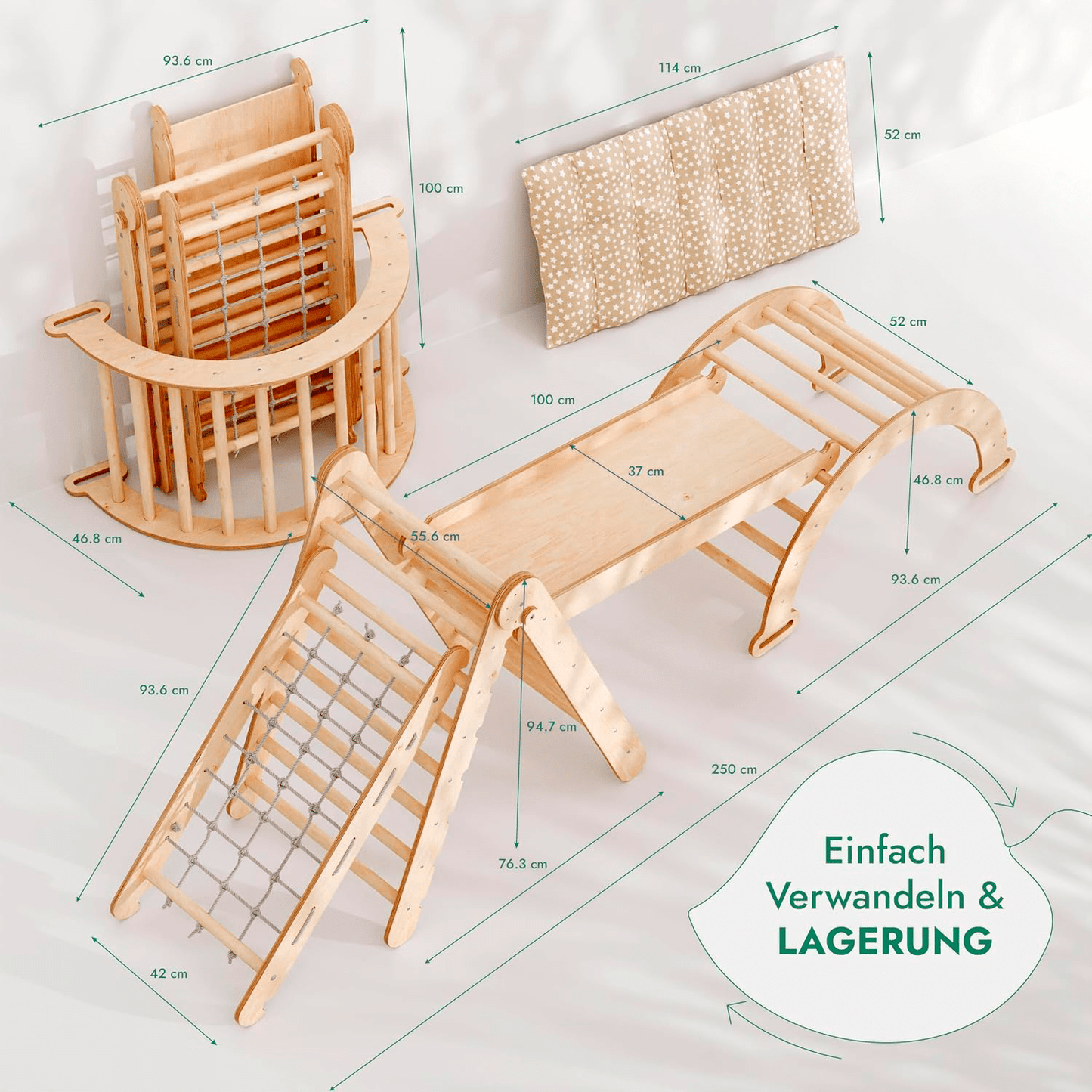 5in1 Montessori Klettergerüst Set: Kletterdreieck mit Rutsche, Kletterbogen, Kletternetz und Kissen, für Kinder 1 - 7 Jahre – Beige - BesonderesHoch2