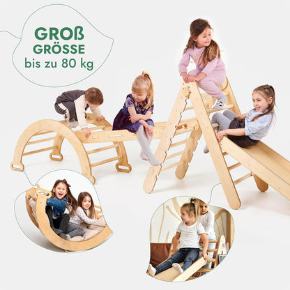 5in1 Montessori Klettergerüst Set: Kletterdreieck mit Rutsche, Kletterbogen, Kletternetz und Kissen, für Kinder 1 - 7 Jahre – Beige - BesonderesHoch2