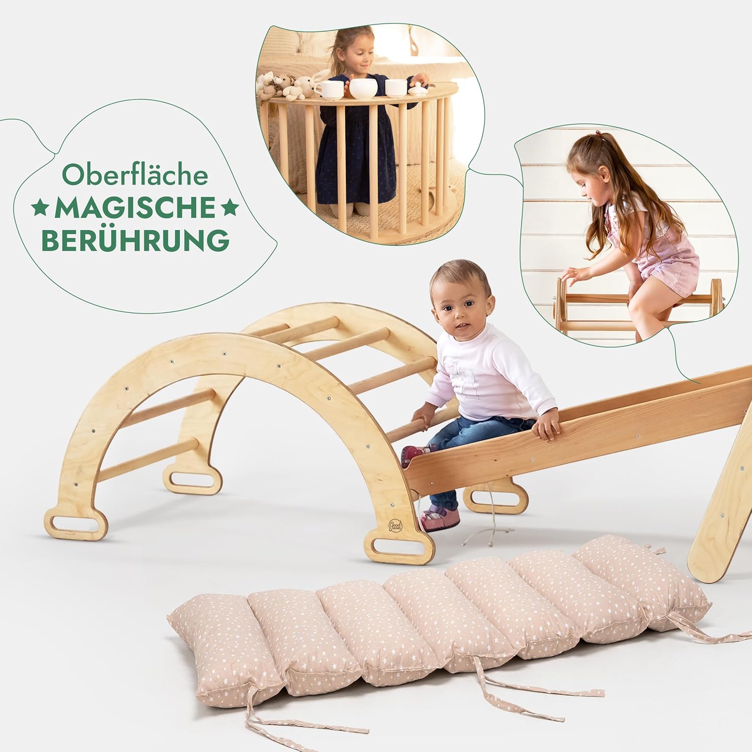 5in1 Montessori Klettergerüst Set: Kletterdreieck mit Rutsche, Kletterbogen, Kletternetz und Kissen, für Kinder 1 - 7 Jahre – Beige - BesonderesHoch2