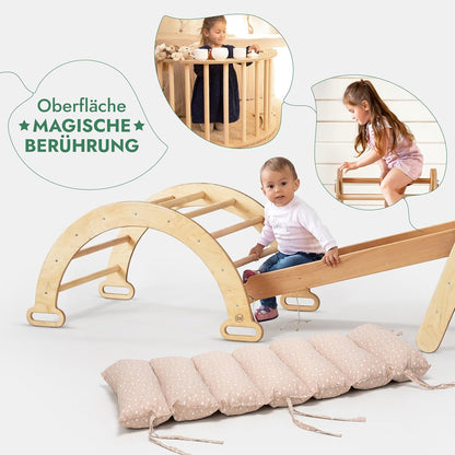 5in1 Montessori Klettergerüst Set: Kletterdreieck mit Rutsche, Kletterbogen, Kletternetz und Kissen, für Kinder 1 - 7 Jahre – Beige - BesonderesHoch2
