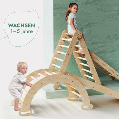 5in1 Montessori Klettergerüst Set: Kletterdreieck mit Rutsche, Kletterbogen, Kletternetz und Kissen, für Kinder 1 - 7 Jahre – Beige - BesonderesHoch2