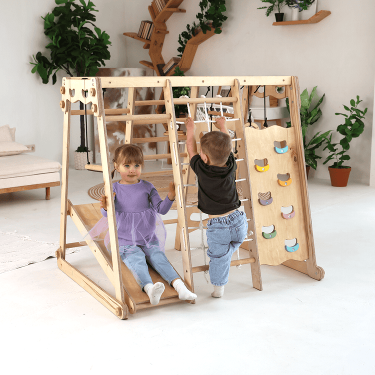6in1 Indoor - Spielplatz aus Holz für Kinder – Schaukel, Rutsche, Seil und Treppe - BesonderesHoch2