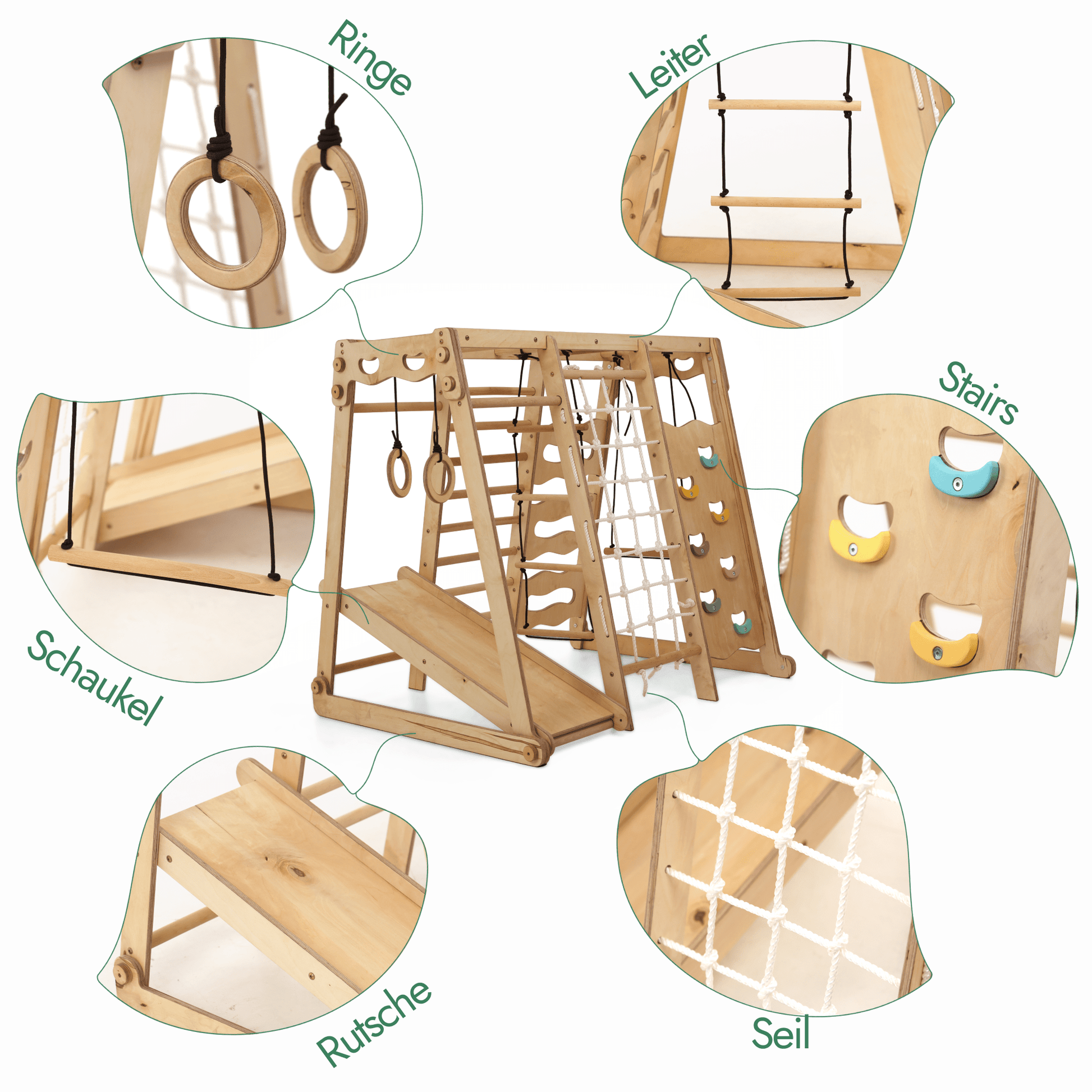 6in1 Indoor - Spielplatz aus Holz für Kinder – Schaukel, Rutsche, Seil und Treppe - BesonderesHoch2