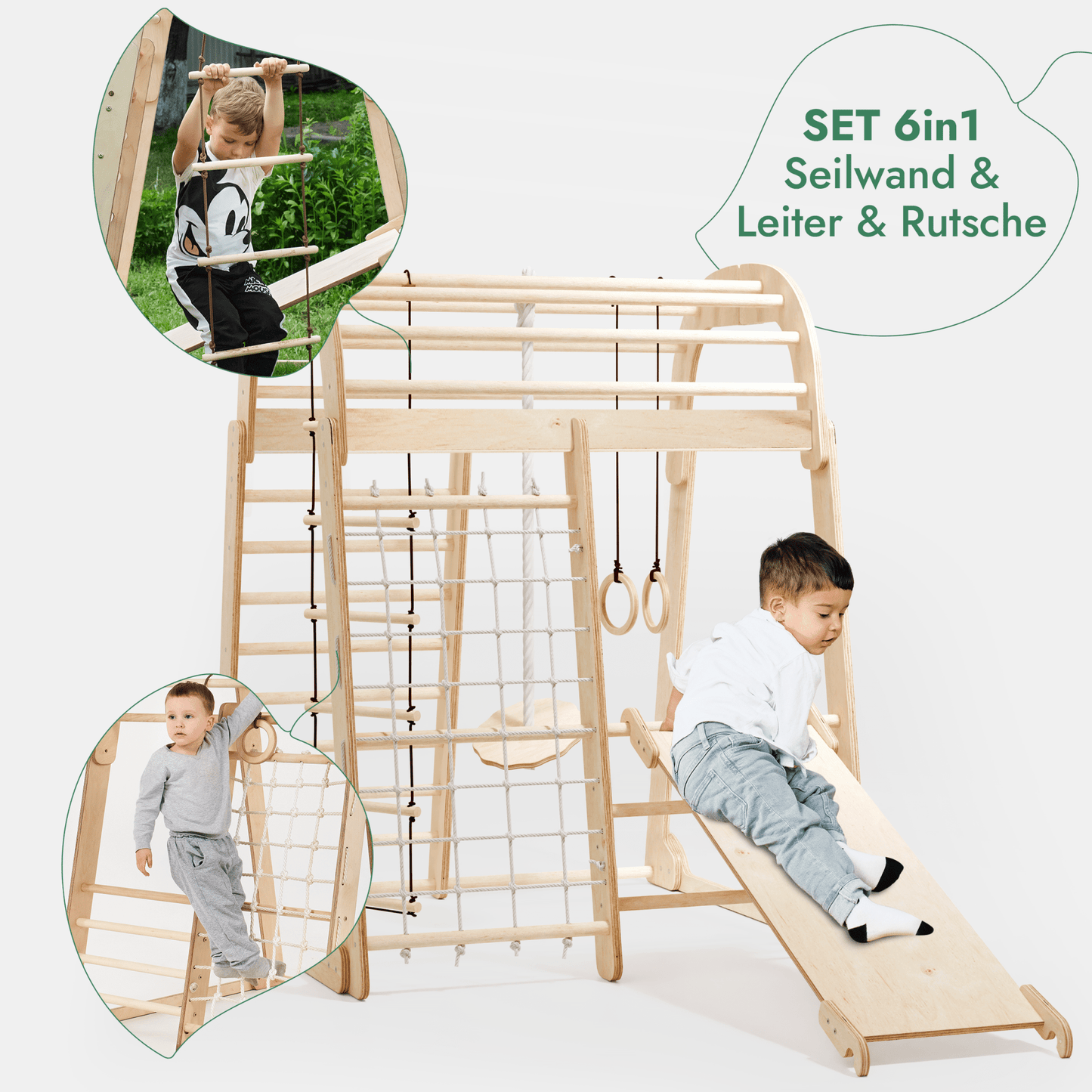 6in1 Indoor Spielplatz für Kinder: Klettergerüst mit Kletternetz, Rutsche, Gymnastikringe, Hängende Leiter und Disc - Schaukel – Beige - BesonderesHoch2