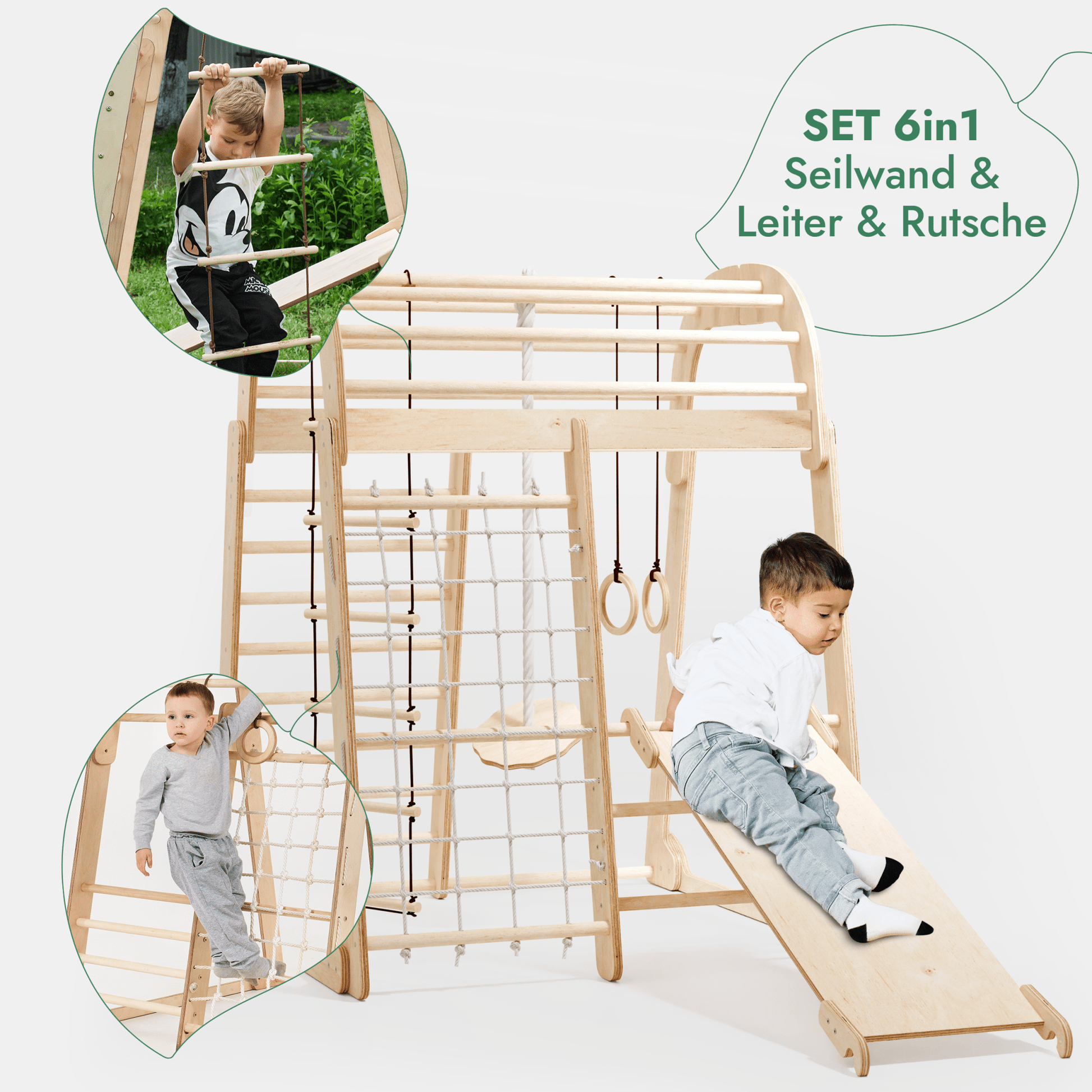 6in1 Indoor Spielplatz für Kinder: Klettergerüst mit Kletternetz, Rutsche, Gymnastikringe, Hängende Leiter und Disc - Schaukel – Beige - BesonderesHoch2