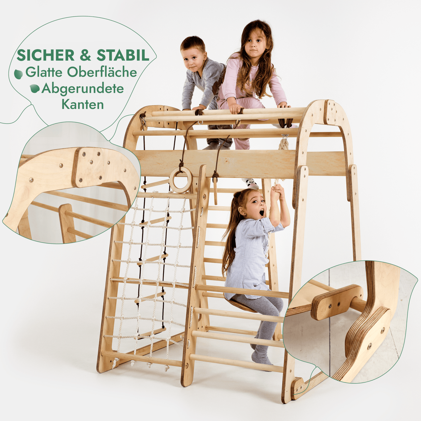 6in1 Indoor Spielplatz für Kinder: Klettergerüst mit Kletternetz, Rutsche, Gymnastikringe, Hängende Leiter und Disc - Schaukel – Beige - BesonderesHoch2
